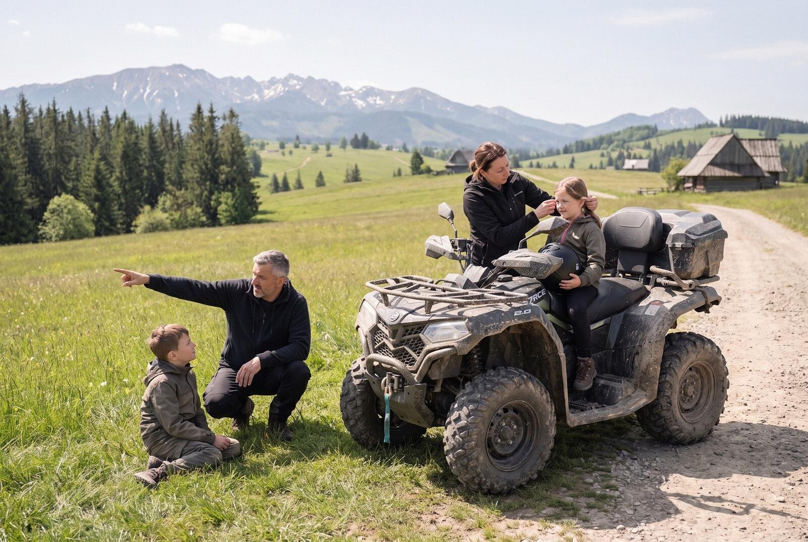 A family by a quad on a meadow: mum adjusts a child's helmet on the passenger seat while dad points out the mountains to another child