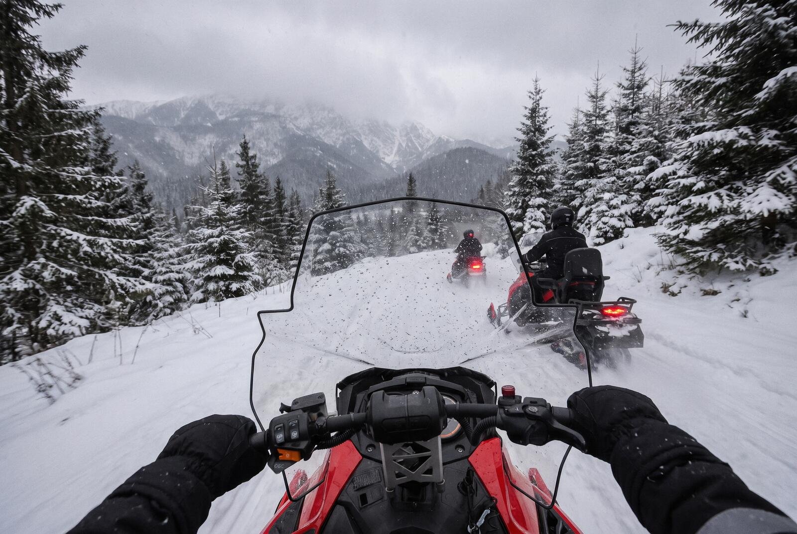 A snowmobile ride seen from behind the handlebars: a snowy forest trail, two more snowmobiles ahead and snow-capped peaks beyond