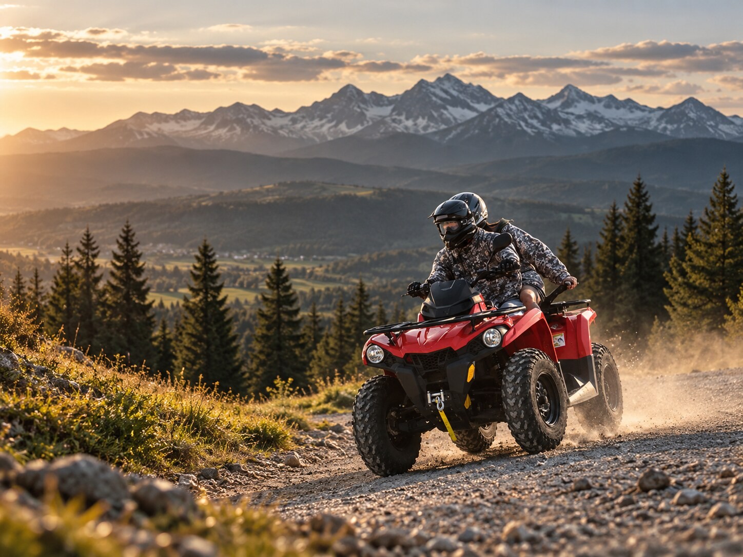 A helmeted rider on a red quad on a gravel track at sunset, snow-capped Tatra peaks and spruces behind